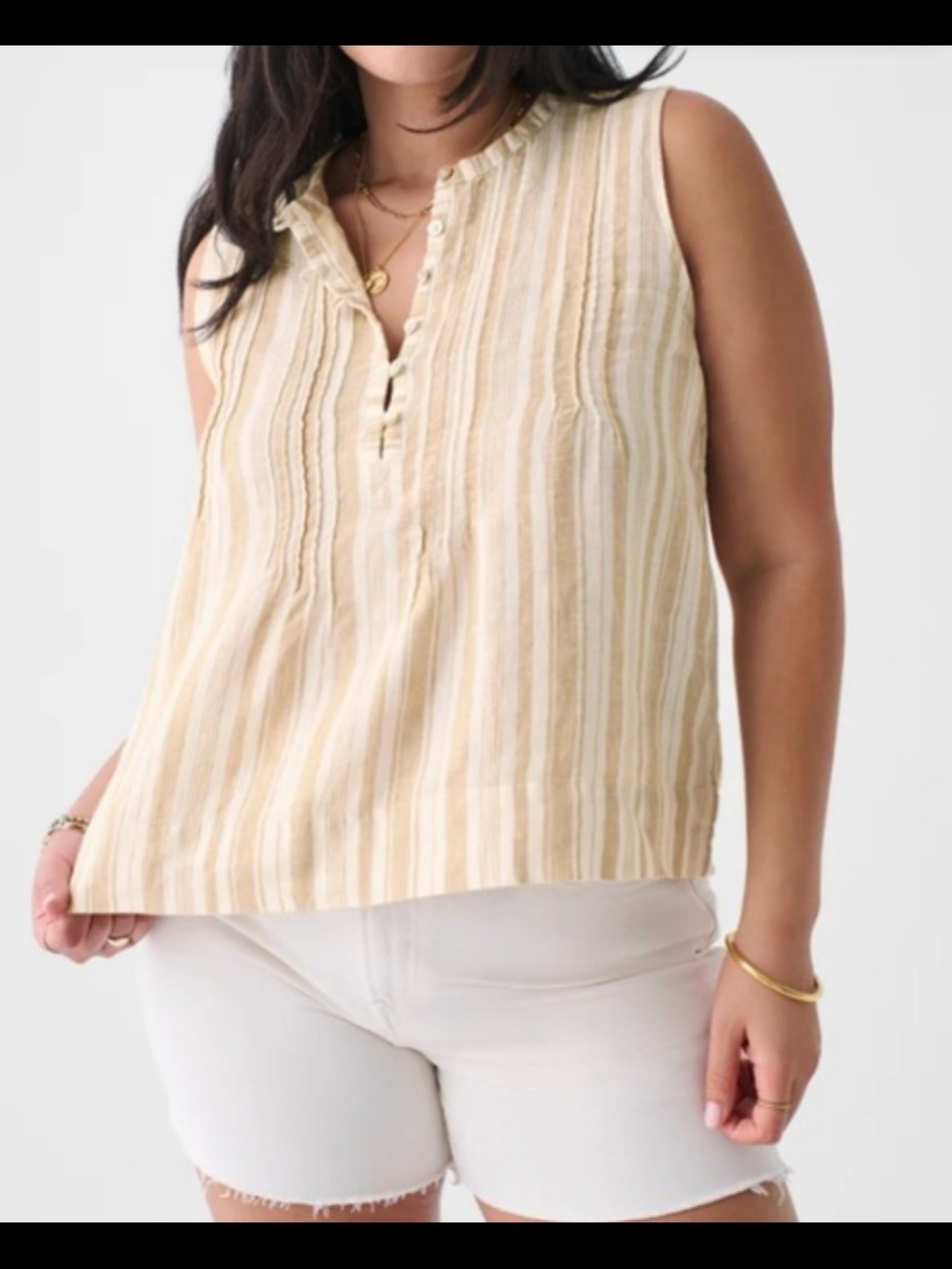 Faherty Yellow & Tan Striped Pintuck Sleeveless 100% Linen Top